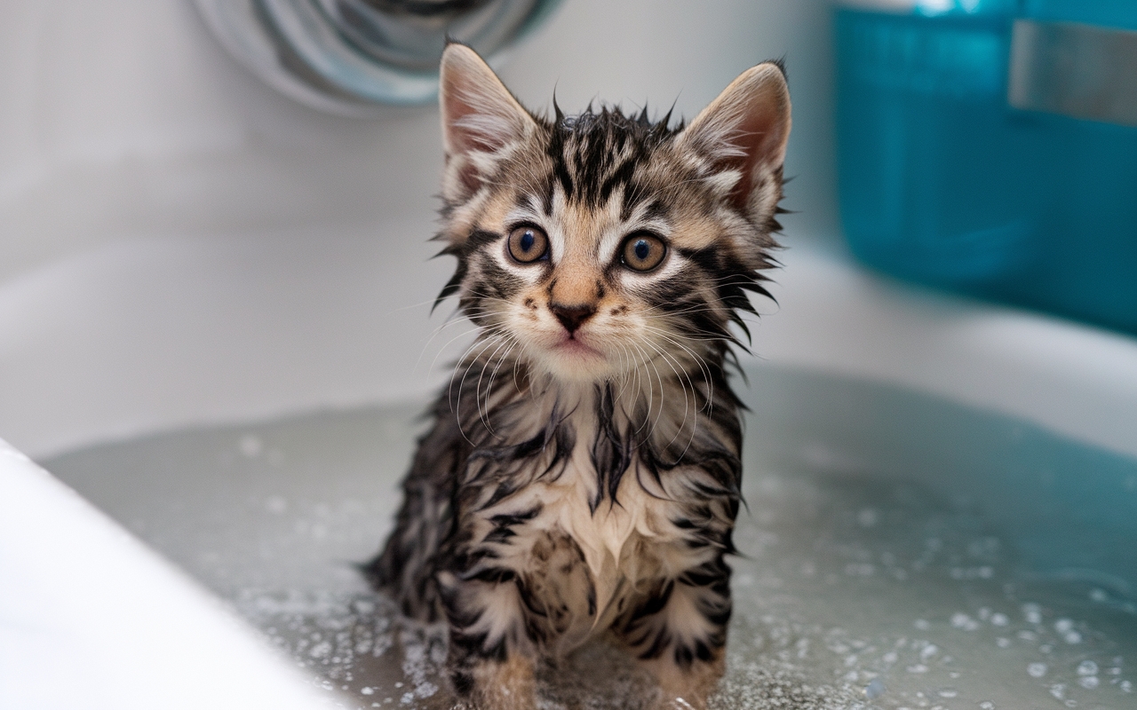 Adorable wet tabby kitten sitting in a bathtub with wide eyes, looking curious and surprised during bath time.